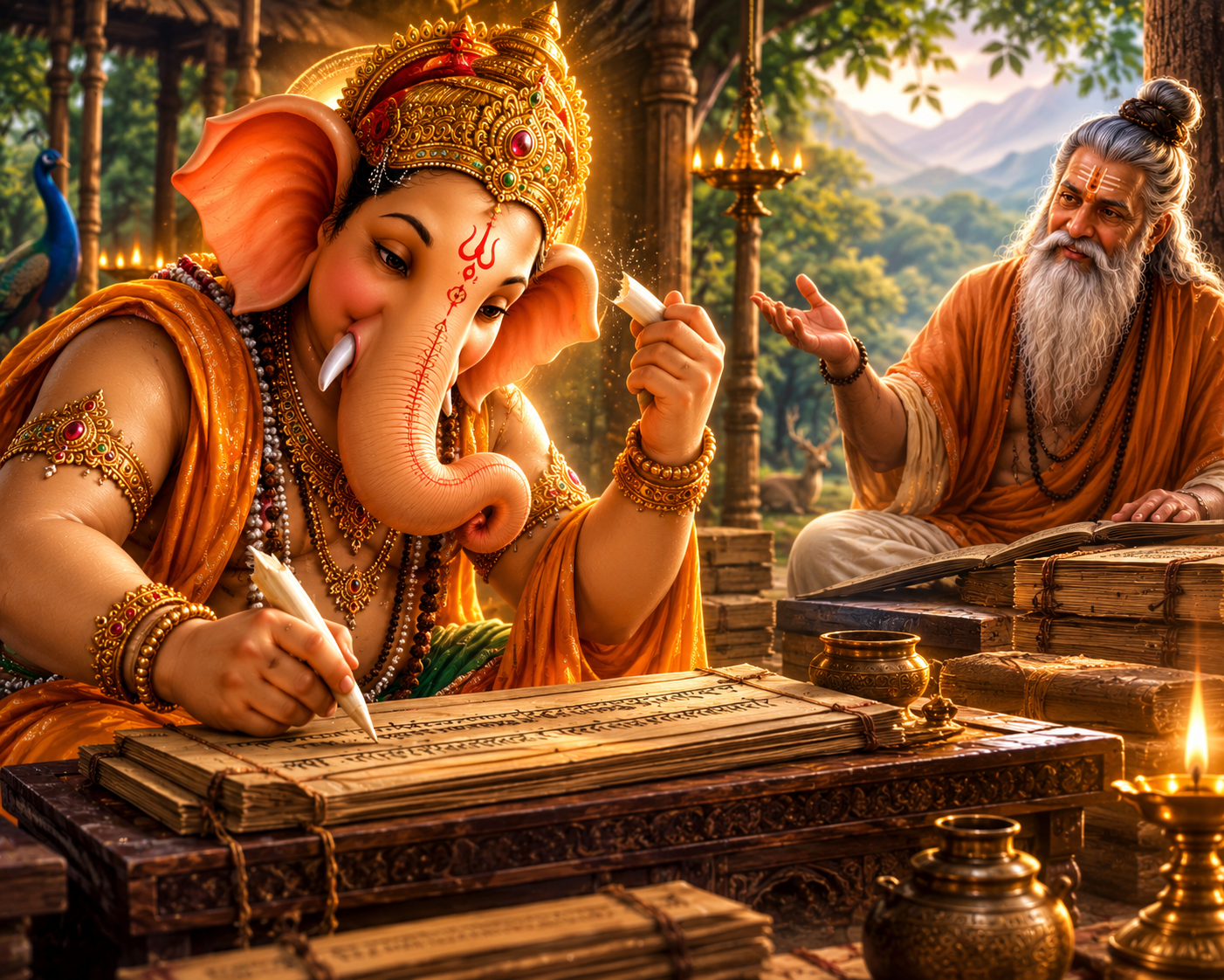 Lord Ganesha breaking his tusk to continue writing the Mahabharata