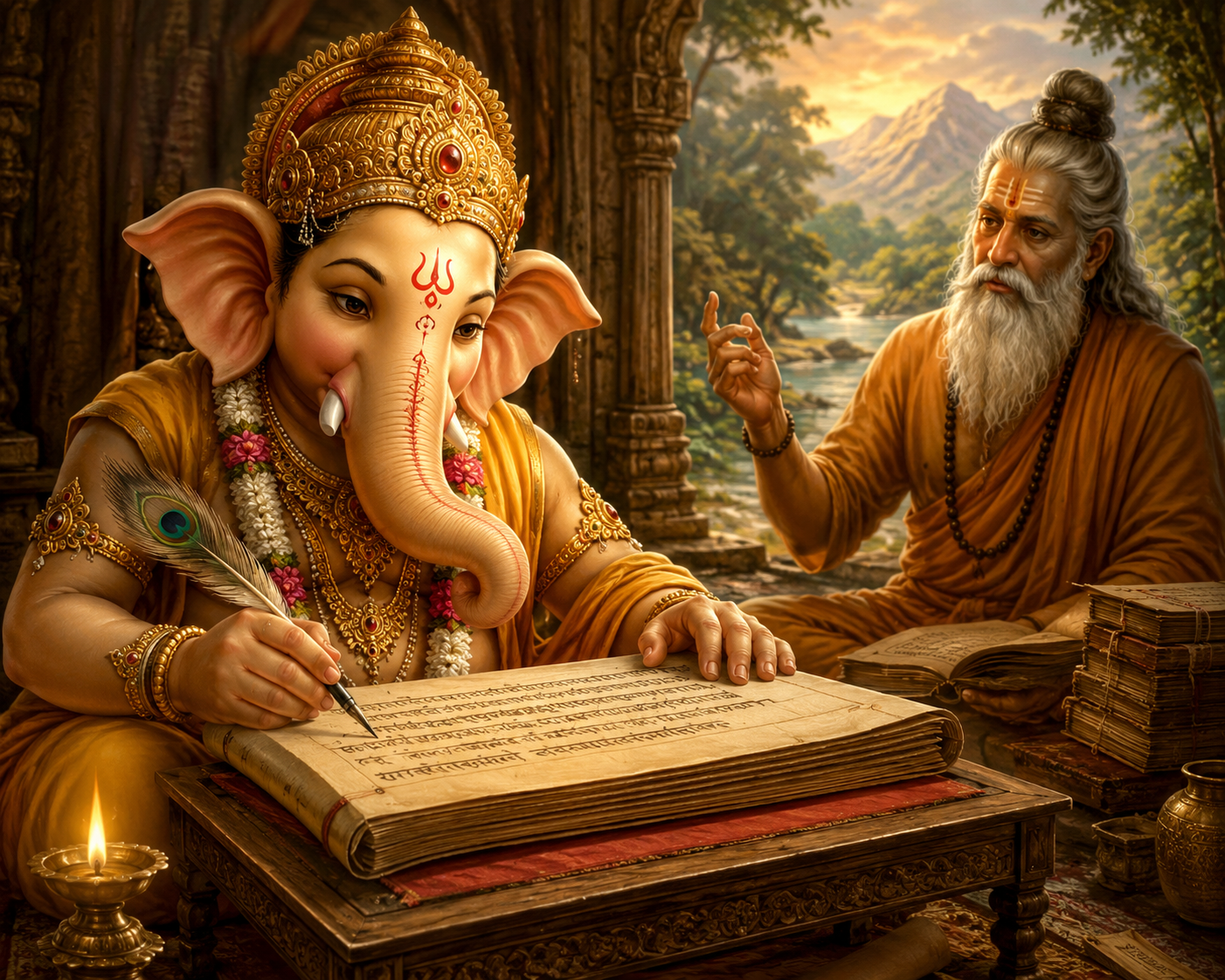 Lord Ganesha writing the Mahabharata as Sage Vyasa narrates