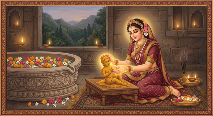 Parvati shaping the turmeric boy