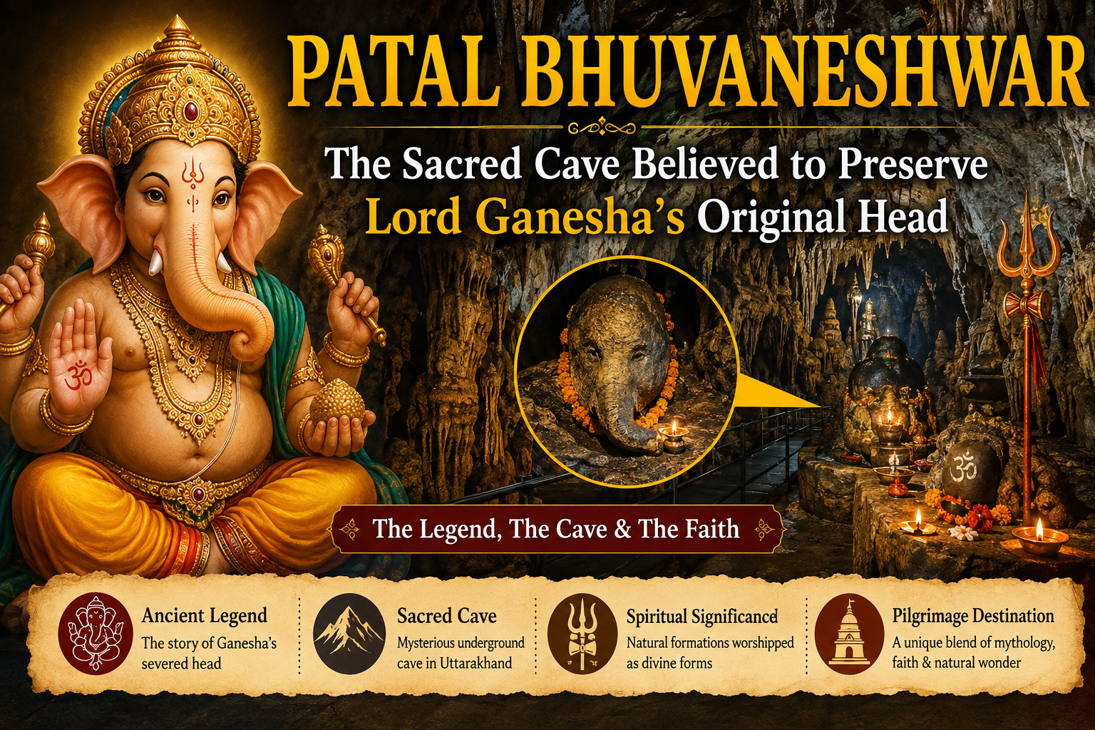 Patal Bhuvaneshwar cave with Lord Ganesha and the sacred rock formation believed to be his original head