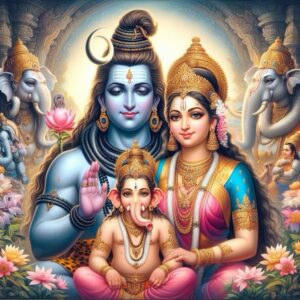 Lord Ganesh with Lord Shankar and Parvati