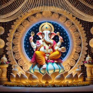 create image for ganesh makar stage decoration considering Light-emitting diode (LED) lights